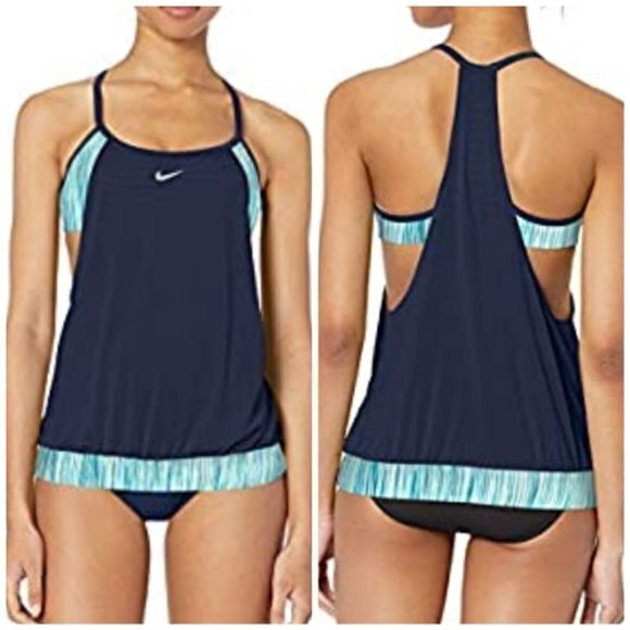 NEW Nike Layered Sport Tankini Swimsuit Set Two Piece Womens Size S Blue TOP - Picture 2 of 3